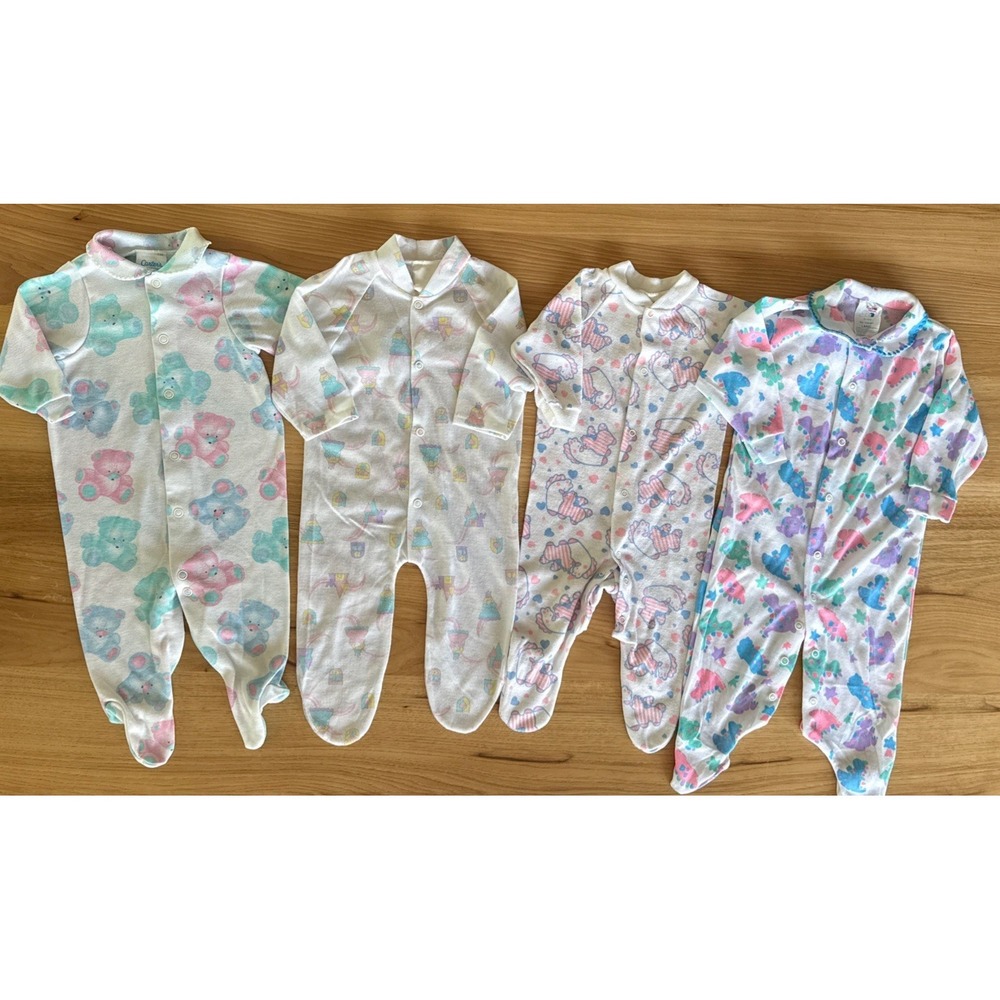 4 VTG Infant Girl's One Piece Snap Up Outfits 80s 90s Cotton. Size Newborn-3mo?